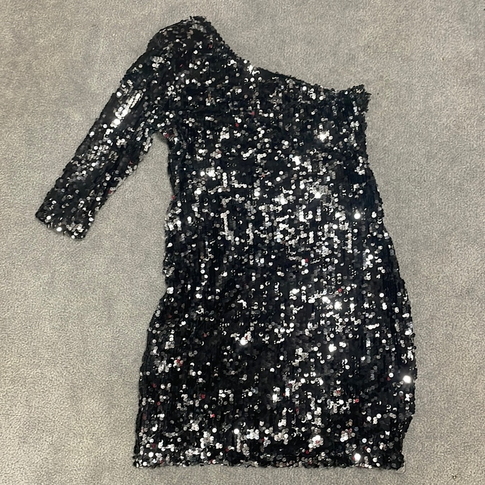 Black sequin one shoulder dress